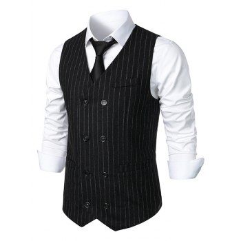 

Vertical Stripe Double Breasted Vest Mock Pockets Adjustable Strap Back Casual Vest, Black