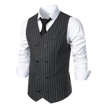 

Vertical Stripe Double Breasted Vest Mock Pockets Adjustable Strap Back Casual Vest, Gray