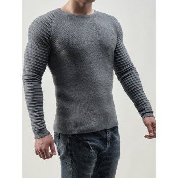 

Pleated Raglan Sleeve Knit Top Solid Color Round Neck Casual Knitted Top, Gray