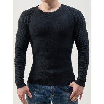 Pleated Raglan Sleeve Knit Top Solid Color Round Neck Casual Knitted Top, Black