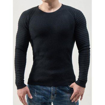 

Pleated Raglan Sleeve Knit Top Solid Color Round Neck Casual Knitted Top, Black