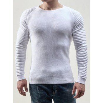 

Pleated Raglan Sleeve Knit Top Solid Color Round Neck Casual Knitted Top, White