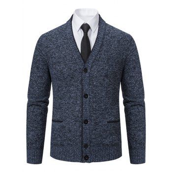 

Fleece Lining Button Up Knit Cardigan Mock Pocket V Neck Heathered Warm Cardigan, Deep blue