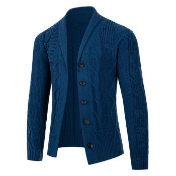 

Cable Twist Knit Button Up Cardigan Shawl Collar Solid Color Sweater Cardigan, Blue