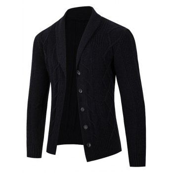 

Cable Twist Knit Button Up Cardigan Shawl Collar Solid Color Sweater Cardigan, Black