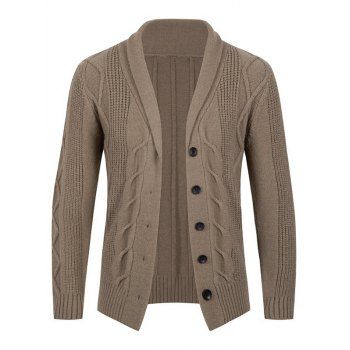 

Cable Twist Knit Button Up Cardigan Shawl Collar Solid Color Sweater Cardigan, Coffee
