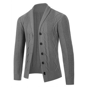 

Cable Twist Knit Button Up Cardigan Shawl Collar Solid Color Sweater Cardigan, Gray