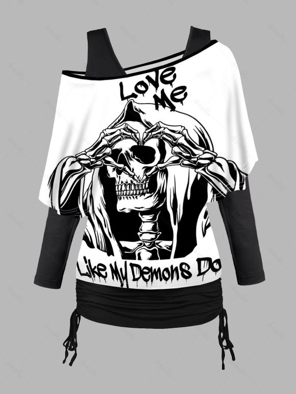 Ensemble de T-shirt Graphique Squelette Cœur Epaule Dénudée et de Haut à Manches Longues - Blanc XL | US 12