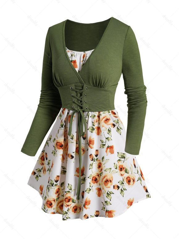 Ensemble de Haut Court Superposé Plongeant à Manches Longues à Bretelle Fine - Vert M