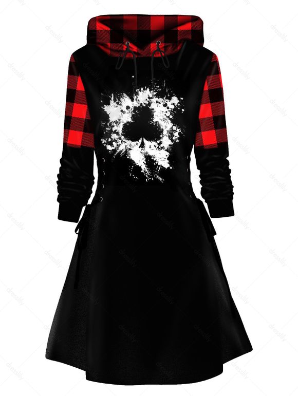 Mini Robe à Capuche Décontractée Fleur à Carreaux Imprimé à Cordon - Noir XXL | US 12