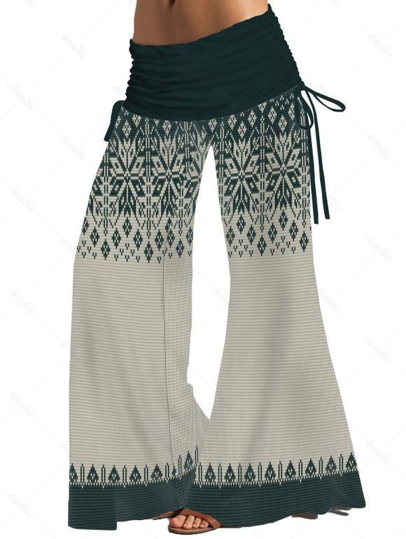 Pantalon Lâche Long Décontracté Tribal Géométrique Imprimé à Jambe Large à Volants - Vert profond XXL | US 12