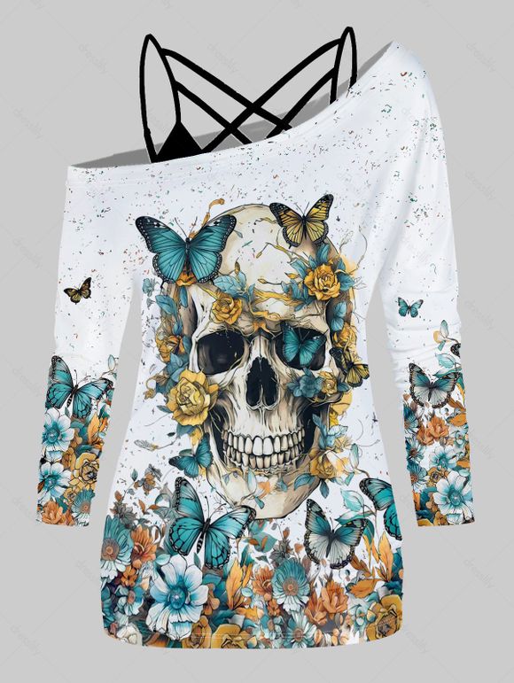 Ensemble de T-shirt Fleur Papillon Crâne Imprimés en Treillis à Manches Longues - Blanc XXL | US 12