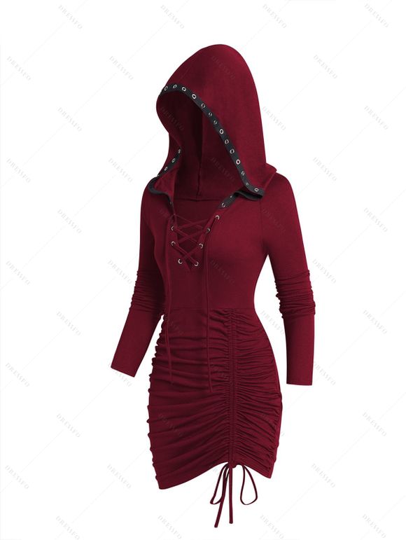 Mini Robe Moulante Gothique à Capuche en Couleur Unie à Lacets à Volants - Rouge foncé XL