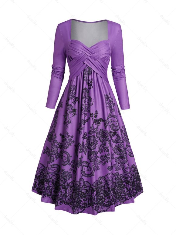 Robe Mi-Longue Fleurie Croisée à Manches Longues à Col en Cœur - Pourpre XXL | US 12