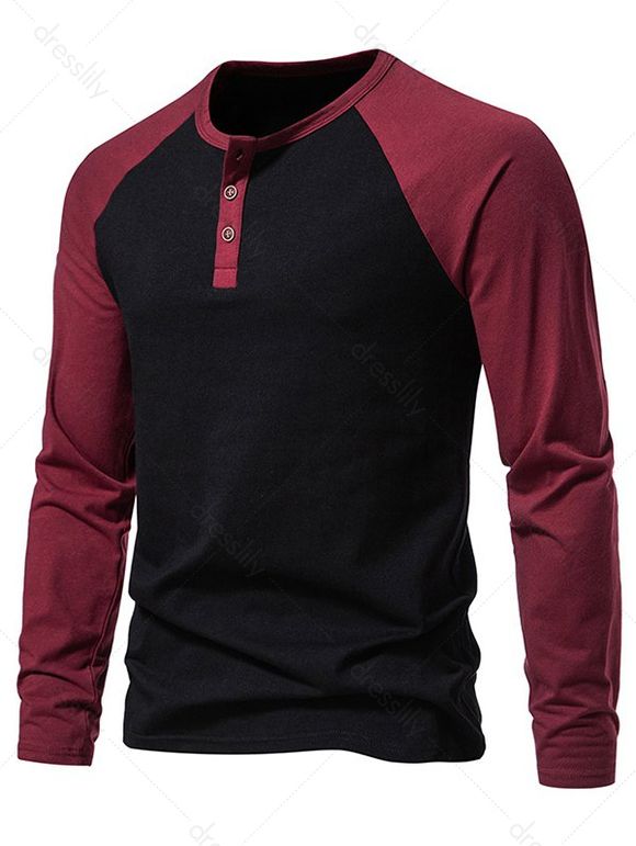 T-shirt Décontracté Bicolore Contrasté avec Bouton à Manches Raglan - Rouge foncé L