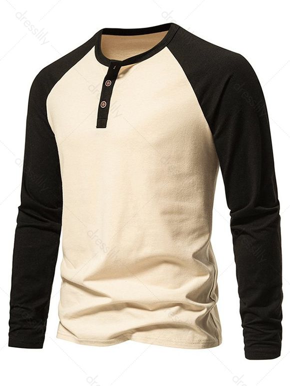 T-shirt Décontracté Bicolore Contrasté avec Bouton à Manches Raglan - café lumière XL