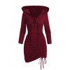 Mini Robe Moulante Gothique à Capuche en Couleur Unie à Lacets à Volants - Rouge foncé L