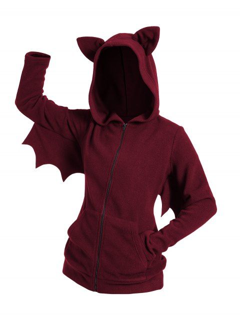 Halloween Costume Bat Fleece Hooded Jacket Zip Up Solid Color Top With Hood
