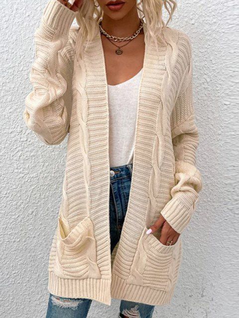 Drop Shoulder Twist Cable Knit Sweater Cardigan Solid Color Pocket Patches Open Front Cardigan