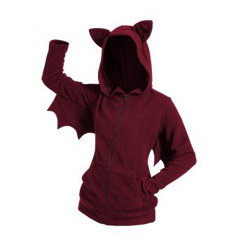 

Costume Bat Fleece Hooded Jacket Zip Up Solid Color Top With Hood, Deep red