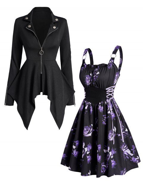 Gothic O Ring Zip Up Asymmetric Punk Coat And Rose Print Ruffles Lace Up A Line Mini Dress Outfit
