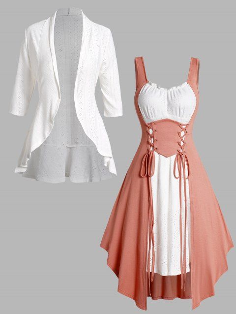 Eyelet Embroidery Ruffle Hem Open Front Top And Colorblock Lace Up Asymmetric Midi Dress Outfit