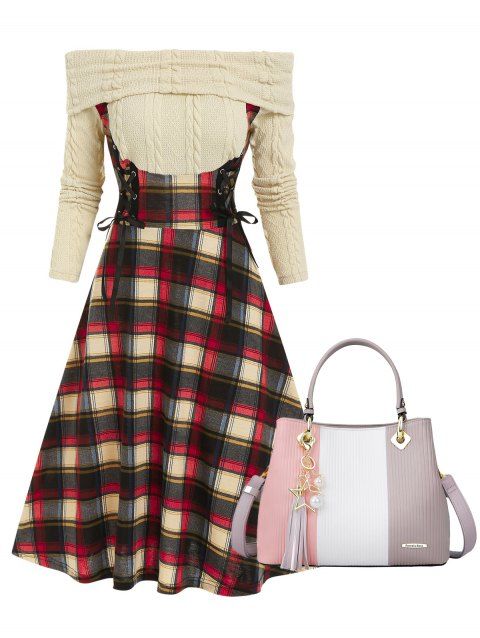 Off The Shoulder Lace Up Cable Knit Plaid 2 in 1 Dress And Pomelo Best Colorblock Tassel Large Capacity Tote Bag Set