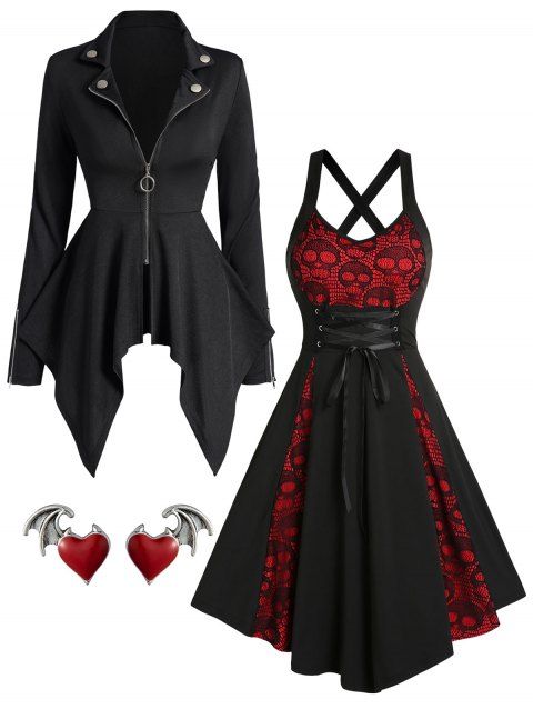 Gothic O Ring Zip Up Asymmetric Coat And Lace Skull Cross A Line Dress Heart Wings Stud Earrings Outfit