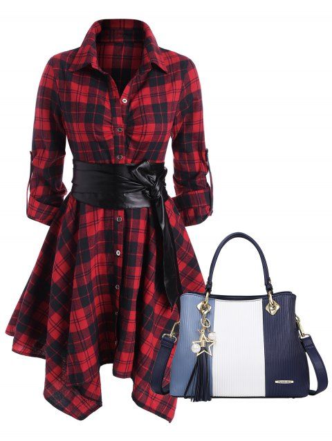 Plaid Belted Roll Tab Sleeve Handkerchief Dress And Pomelo Best Colorblock Tassel Large Capacity Tote Bag Set