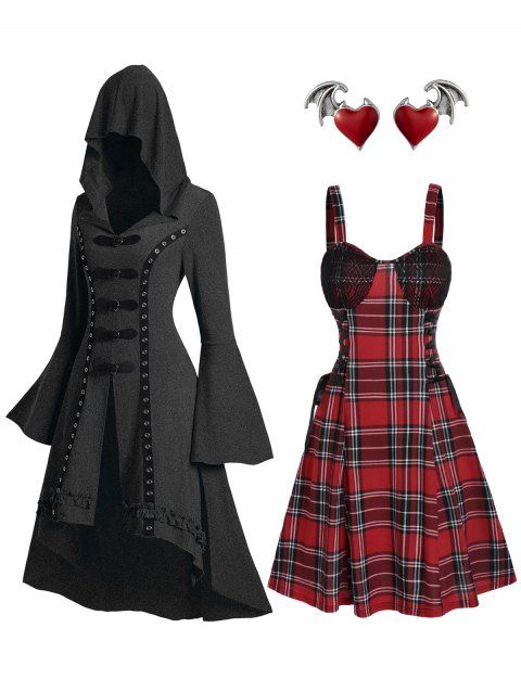 Gothic Grommet Flare Sleeve High Low Long Hooded Top And Plaid Lace Up Dress Heart Wing Stud Earrings Outfit