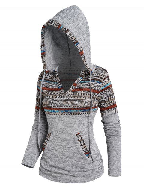Tribal Pattern Panel Flocking Liner Knit Hoodie Ruched V Neck Drawstring Pockets Knitted Hoodie