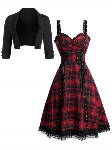 Open Front Mock Button Crop Jacket And Plaid Print Lace Up Grommet Strap Lace Insert Mini Dress Outfit