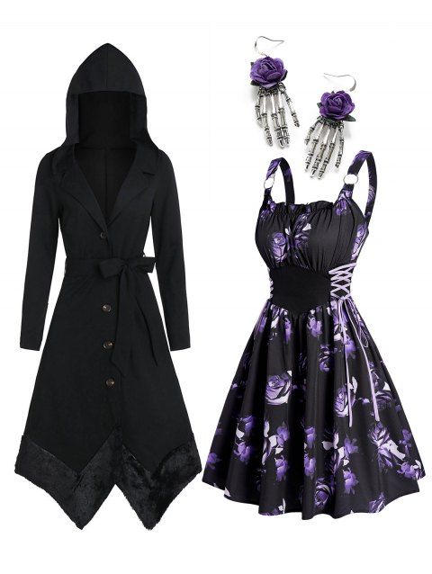 Gothic Hooded Asymmetric Faux Fur Panel Coat And Rose Print Ruffle Lace Up A Line Mini Dress Earrings Outfit
