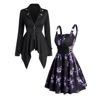 

Gothic O Ring Zip Up Asymmetric Punk Coat And Rose Print Ruffles Lace Up A Line Mini Dress Outfit, Multicolor