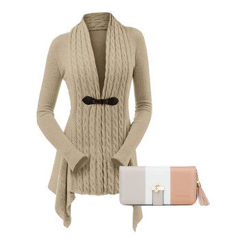 

Cable Knit Asymmetrical Buckle Strap Long Cardigan And Pomelo Best Colorblock Tassel Multifunction Clutches Set, Multicolor