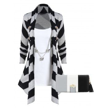 

Contrast Chevron Graphic Asymmetric Knit Faux Twinset Top And Pomelo Best Colorblock Multifunction Clutches Set, Multicolor