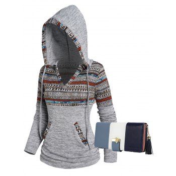 

Tribal Pattern Panel Flocking Liner Notched Knit Hoodie And Pomelo Best Colorblock Stripe Tassel Multifunction Clutches Set, Multicolor