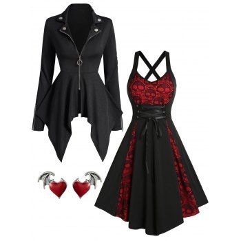 

Gothic O Ring Zip Up Asymmetric Coat And Lace Skull Cross A Line Dress Heart Wings Stud Earrings Outfit, Black