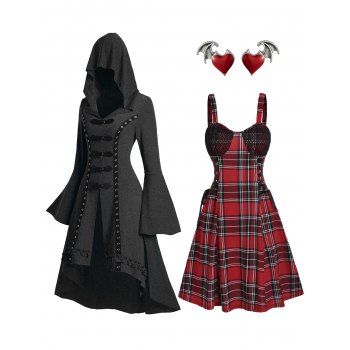 

Gothic Grommet Flare Sleeve High Low Long Hooded Top And Plaid Lace Up Dress Heart Wing Stud Earrings Outfit, Multicolor