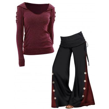 

Lace Up Knit Long Sleeve Hooded Top And Colorblock Cinched Foldover Wide Leg Pants Outfit, Multicolor