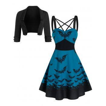 

Halloween Outfit Open Front Mock Button Crop Jacket And Bat Print Crisscross Mini A Line Dress Set, Multicolor