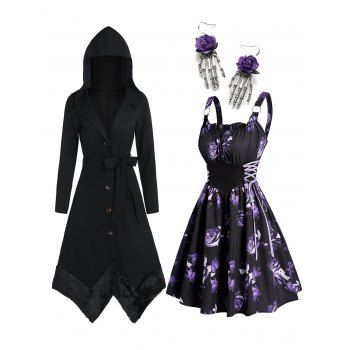 

Gothic Hooded Asymmetric Faux Fur Panel Coat And Rose Print Ruffle Lace Up A Line Mini Dress Earrings Outfit, Multicolor