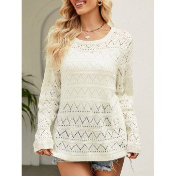 

Chevron Graphic Hollow Out Knit Top Solid Color Casual Knitted Top, White