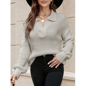 

Drop Shoulder Solid Color Sweater Turndown Collar Notched Pullover Sweater, Light gray