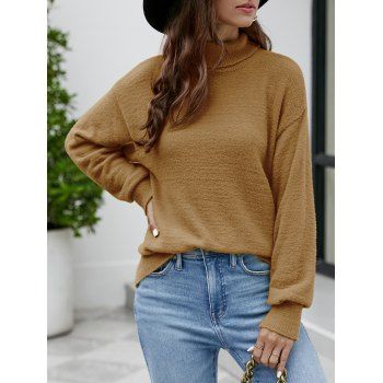 

Drop Shoulder Turtleneck Knit Top Solid Color Soft Comfort Knitted Top, Deep yellow