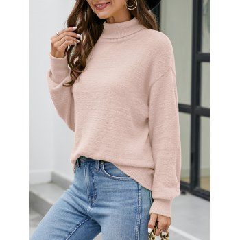 

Drop Shoulder Turtleneck Knit Top Solid Color Soft Comfort Knitted Top, Light pink