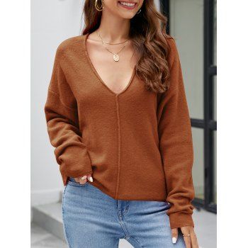 

Drop Shoulder Knit Top V Neck Solid Color Long Sleeve Casual Knitted Top, Coffee