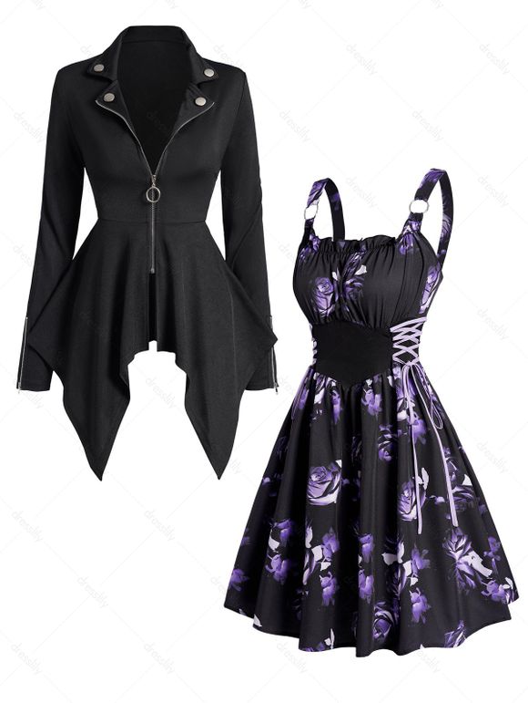 Gothic O Ring Zip Up Asymmetric Punk Coat And Rose Print Ruffles Lace Up A Line Mini Dress Outfit - multicolor S | US 4