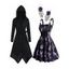 Gothic Hooded Asymmetric Faux Fur Panel Coat And Rose Print Ruffle Lace Up A Line Mini Dress Earrings Outfit - multicolor S | US 4