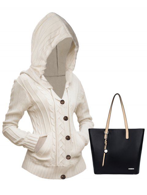 Button Up Cable Knit Hooded Cardigan And Pomelo Best Large Capacity Faux Leather One Shoulder Tote Bag Set